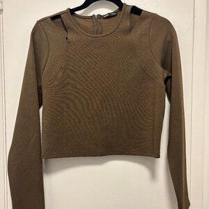 Zara Cut-Out Shoulder Long Sleeve Crop Top in Khaki Size L
